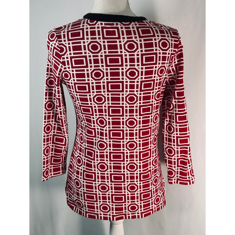 Rafaella Womens Red White Geometric Print Split V-Neck Cotton Knit Top Small - Picture 5 of 9